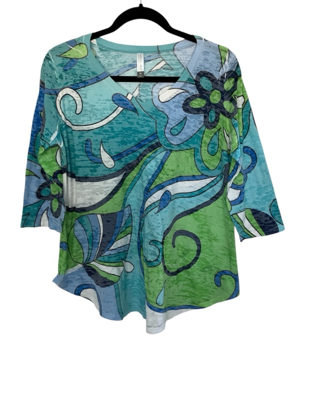 Whimsy Rose Women's Blue & Green V-Neck Mod Printed Top